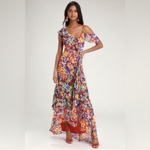 Lulu’s Radiant Ruby Red Floral Print Chiffon Maxi Dress
